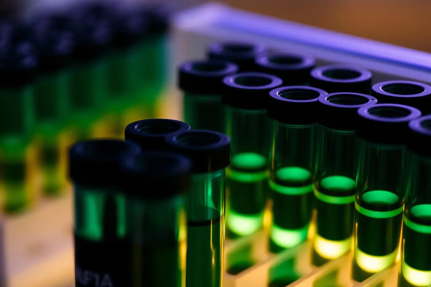 Laboratory sample tubes lit in green and amber light