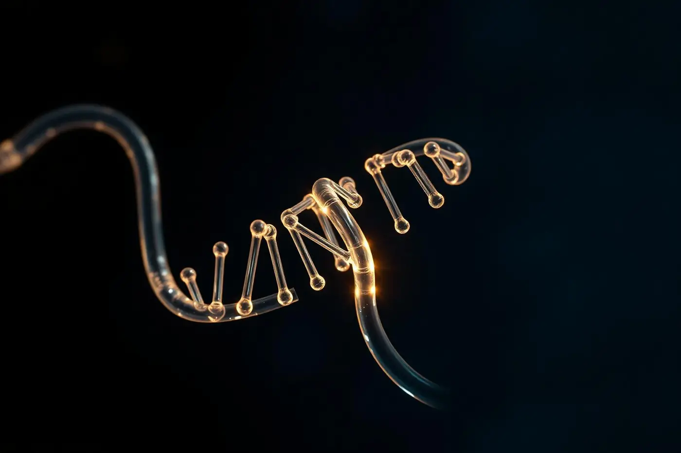 Illustration of a glowing glass DNA helix on a dark background