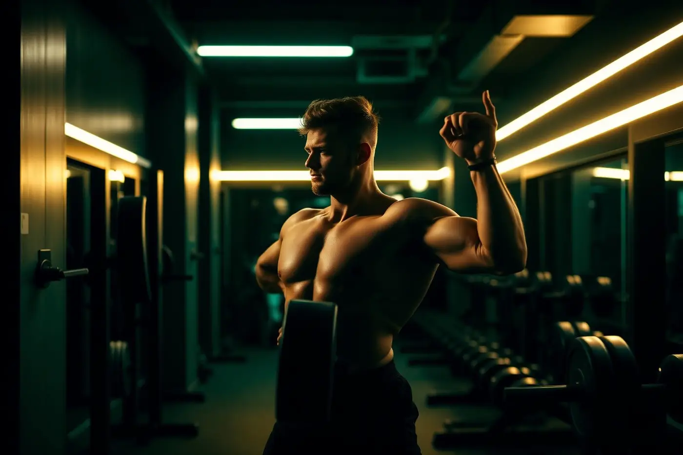 Athlete training under dramatic light in a dark gym